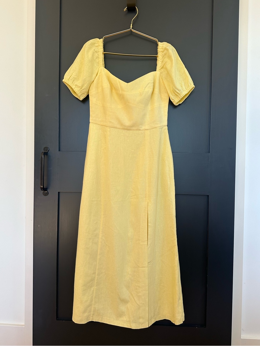 BARDOT Jacynta Yellow Linen Puff-Sleeve Midi Dress / US6 AUS10 EUR38